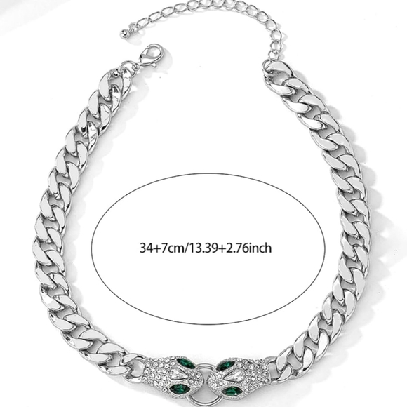 Macy's Silver-Tone Chain Choker with Green Crystal Snake Heads - Picture 3 of 4